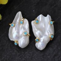 Z14064 Set 35mm White Baroque Freshwater Pearl Inlay Turquoise Earring Ring