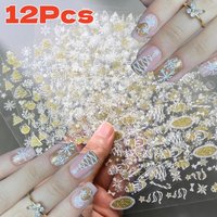 12Pcs 3D White Christmas Nail Stickers with Gold Glitter Xmas Tree Snowman Snowflakes Elk Nail Decals Winter Nail Art Decoration