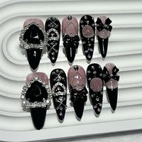 10PCS Y2K Gyaru Kei Black Pink Long Tip Handmade Press On Nails Jirai Bow Love Diamonds Glitter Fake Nails Kawaii Dark Nail Art
