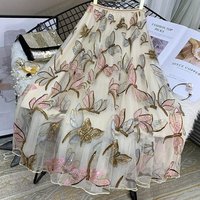 Embroidery Vintage Tulle Skirts Women 2026 Elegant Fashion High Waist Faldas Ajustadas Korean Casual A Line Mid Length Skirt Y2k