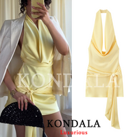 KONDALA Sexy Chic Women Dress Yellow Solid Halter Folds Lace-up Zipper Short Vestidos Fashion 2026 Summer Beach Holiday Dress