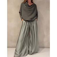 Women Streetwear Two-Piece Sets Loose Slash Neck Pullover Top with Wide Leg Pants Simple Patchwork Casual Outfit Spring Autumn