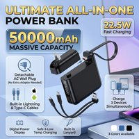 50000mAh Large Capacity Power Pack 22.5W Fast Charge Built-in Cord & AC Wall Plug Portable Charger for iPhone Xiaomi Smartphones