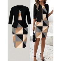 Printed Design Autumn and winter styles vacation style Geometric Patchwork Pattern Design crew neck dress suit