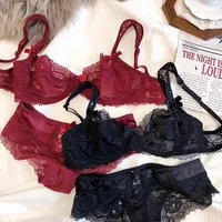 MOYISU French Romantic Ultra-thin Lace Sexy Transparent Gathering Big Breasts Show Small Underwire Bra Cover Underwear Set Women