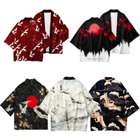 Summer Asian Traditional Costume Men Crane Printed Japanese Kimono Cardigan Harajuku Yukata Dark Style Black Haori Shirt Jacket
