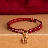 Handwoven Rope Imitation Cinnabar FU Pendant Bracelet for Women Lucky Red Chinese Knot Handmade Braided Bracelet Jewelry Gift