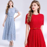 Rhainstone Embroidery Formal Evening Lace Long Dress Women Summer Short Sleeve Crochet Hollow Out Midi Dresses Sweet Princess