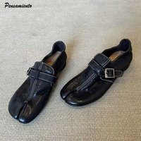 Ins style Fashion Soft Leather Strap Buckle Sewing Women Pumps Casual Low Heeled Split Toe Loafers Female Lazy Tabi Daily Shoes