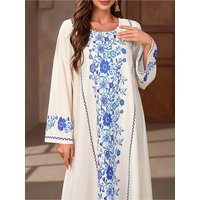 Casual and elegant women's fashion style - floral printed solid-colored round-neck robe dress, elegant long-sleeved loose dress