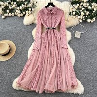 Long Dress Women Dresses Turn Down Collar Full Sleeve Lace Elegant Mesh Splice Belt Single Breasted Y2k Streetwear Work Summer