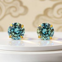 1pair 0.5/2Carat Classic Round Cut Turquoise Moissanite Golden Four-claw Stud Earrings with Fashionable Design.
