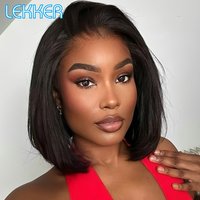Lekker 12" Black Kinky Straight Bob Middle Part Lace Front 100% Human Hair Wigs For Women Yaki Straight Brazilian Remy Hair