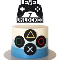 1 Pack Level 7 Unlocked Cake Topper, Video Game Cake Topper, Game Controller Cake Topper for 7th Birthday Party Decoration