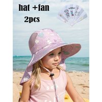 1Pc 3-8Y Girls Cartoon Shawl Bucket Hat Adjustable Rope Random Whistle Fan Super Wide Brim Summer Outdoor Beach Sun Hat