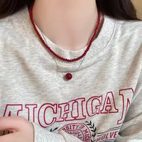 Kpop Double Layered Red Beads Necklaces for Women Sweet Lucky Pearl Chain Necklace Aesthetic Y2K Jewelry Accessories