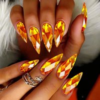 Medium fake nails for women girls yellow champagne colors 3D rhombus metallic Holographic Plated almond nail tips press on nails