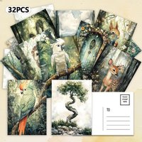 32pcs, illustrated forest postcards, wall stickers, mailing cards, greeting cards, DIY postcards, commemorative postcards