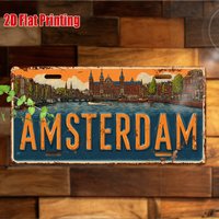 2D Flat - 1 Vintage Amsterdam Metal License Plate Sign | 29.97x14.99 cm Aluminum Wall Decor with Dutch Cityscape Design, Windpro