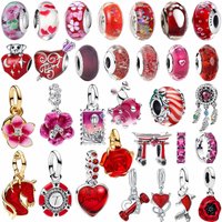 Original 925 Sterling Silver Charms Flower Red Murano Glass Beads Earring Pendant Bracelets Necklaces Womens DIY Jewelry Gift