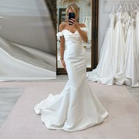 Eightale Vintage Wedding Dress Off the Shoulder Customized Ivory Satin Bridal Gown Bride Party Dress with Detachable Skirt