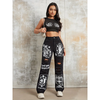 2025 New Style Women's Jeans Women's Spring And Autumn New Hot Selling Street INS Same Style Print Ripped Straight Jeans