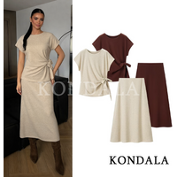 KONDALA Trendy Minimalist Soft Skirt Set Women Elegant Knot T-Shirts,Elastic Waist Midi Skirt 2026 Spring Summer Lady Casual Set