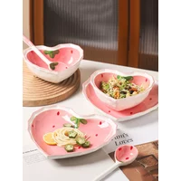 3pcs Strawberry Bowl Spoon Plate set beautiful girl heart bowl salad bowl dessert household tableware