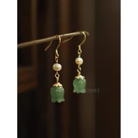 Natural Lily Jade Earrings Eardrops Anti-Sensitive 14K Gold Chinese Ancient Style New Pearl Green Jade Earrings for women