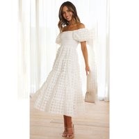 Off Shoulder Women Summer Dress Fashion Elastic Short Puff Sleeve Ruffle Midi Dresses 2025 Woman White Long Dress Robes Longues