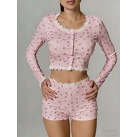 Sexy Womens Floral Print Pajamas Set Summer Long Sleeve Top And Shorts Sleepwear 2 Piece Set For Women Home Casual Skinny Suit