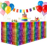 Rainbow Gradient Wavy Table Skirts Metallic Tinsel Foil Fringe Table Skirt for Rectangle Round Table for Birthday Weddings Party