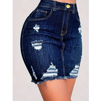 Dark blue ripped, frayed-edge, bodycon denim skirt