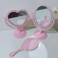 Makeup Mirror Vanity Desktop Table Heart Shaped Simple Rotatable Pink Travel Girl Gift