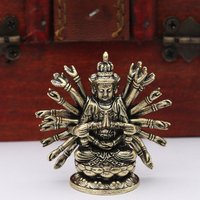 Brass Avalokitesvara Buddha Small Statue Desktop Ornament Vintage Guanyin Figurines Model Lucky Home Decoration Crafts Accessory