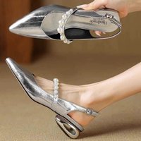 Baotou sandals women's summer new pointed toe shallow mouth with skirt pearl back empty non-slip square heel shoes