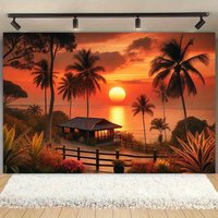 Sunset Beach Scene Tapestry | Polyester Wall Hanging with Palm Trees and Pavilions | Home, Office