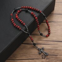 8mm Red Stone Beaded Necklace with Cross Pendant for Men and Women