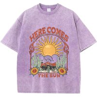 Vintage Womens Acid Wash T-Shirts Here Comes The Sun Printing Tees Crewneck Cotton Oversize Short Sleeve Fashion Female Clothes
