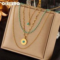 DIEYURO 316L Stainless Steel Multilayer Green Stone Round Pendant Necklaces For Women Vintage Ladies Body Jewelry Party Gifts