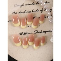 10Pcs Press on Nails Short French Style Light Yellow Fake Nails Includes 1 Sheet Adhesive Tabs & 1 Pc Mini File
