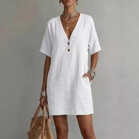 V-Neck Half Placket Linen Mini Dress, Loose Casual Short Dress With Pockets for Vacation