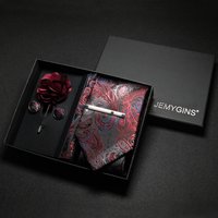Wine red Men Tie Paisley Silk Tie Pocket Square Cufflink Luxury Gift Box Set Wedding Gravat Accessories Neck Tie For Men