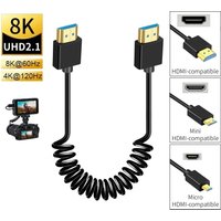 Ultra Thin Portable 8K HDMI-compatible 2.1 Cable Coiled Mini/Micro HDMI-compatible Cord for DSLR Camcorder Monitor Tablet PC TV