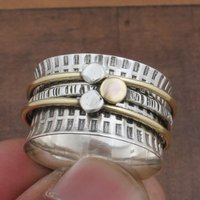 Vintage Two Tone Design Textured Wide Silvery Plated Ring Women's Fashion Delicate Festival Celebration Jewelry Accessories Gift