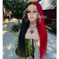 ZXBMALWIGS Straight Synthetic Hair Half Red Black 13X4 Lace Front Wigs for Women High Temperature Fiber Lace Wigs Daily Cosplay