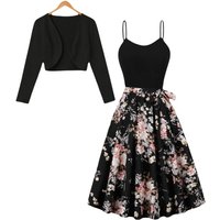 Autumn new gentle style camisole dress+black long sleeved jacket slimming and waist cinching two-piece set