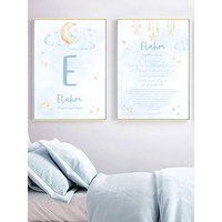 Custom Baby Name Islamic Ayat Kursi Poster Nursery Watercolor Moon Stars Canvas Painting Muslim Wall Art Picture Boy Room Decor