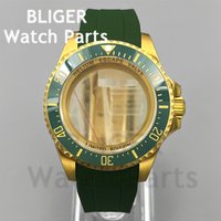 BLIGER DEEP SEA Watch Case Parts 43MM Yellow Gold Case Green Rubber Strap SUB Ceramic Bezel Sapphire For NH34 NH35 NH36 Movement