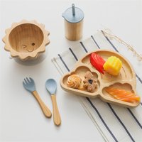 Baby Wooden Tableware Set Wooden Handle Fork Spoon Could Bamboo Wooden Plate Bowl Silicone Suction for Children Feeding Supplies